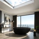 Large Stone Bathtub and Matching Black Marble Basins for Master Bathroom