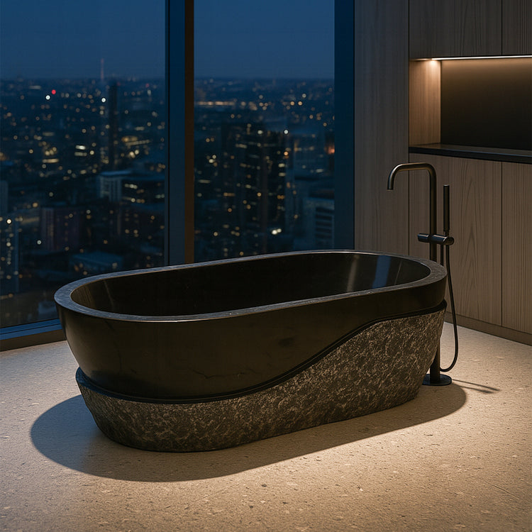 Black Limestone Tub, Half Chiseled, Half Polished