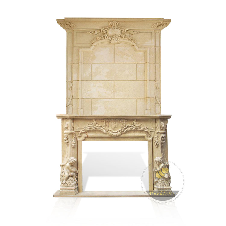 Beige Limestone Fireplace Overmantel
