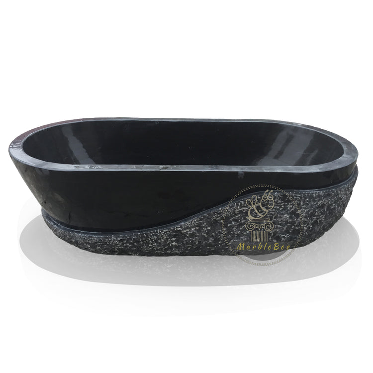 Black Limestone Tub, Half Chiseled, Half Polished
