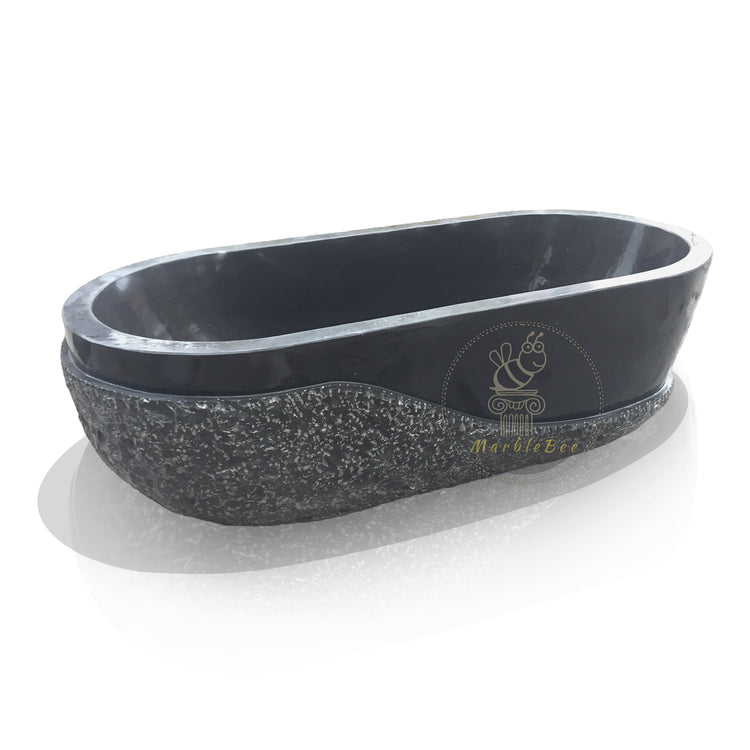 Black Limestone Tub, Half Chiseled, Half Polished