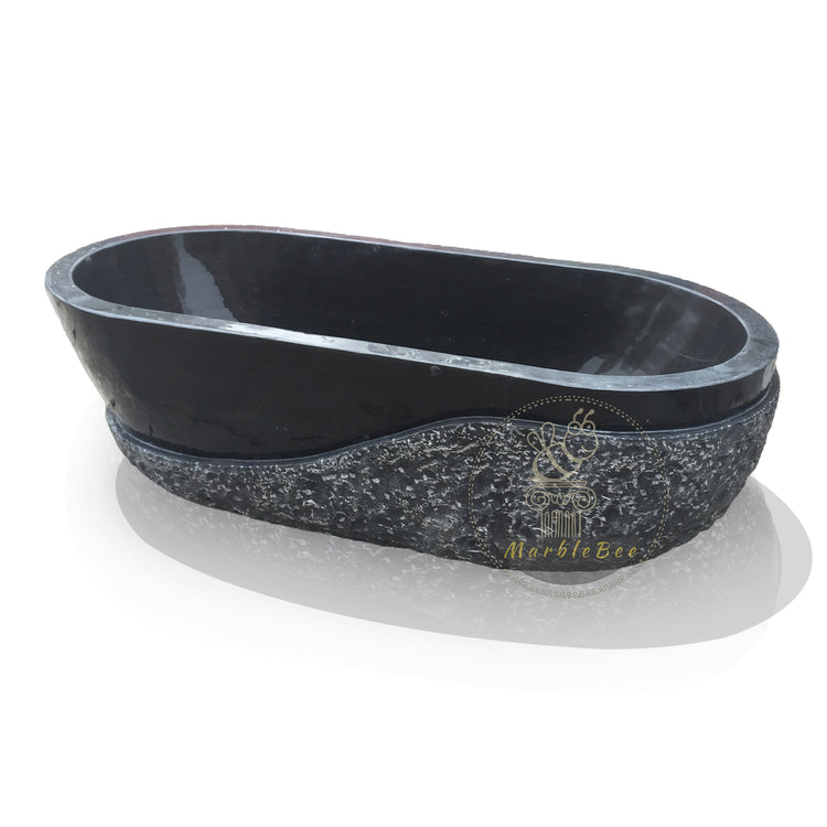 Black Limestone Tub, Half Chiseled, Half Polished
