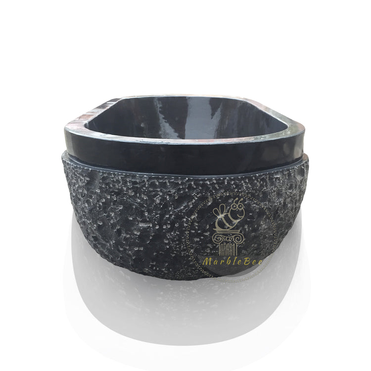 Black Limestone Tub, Half Chiseled, Half Polished