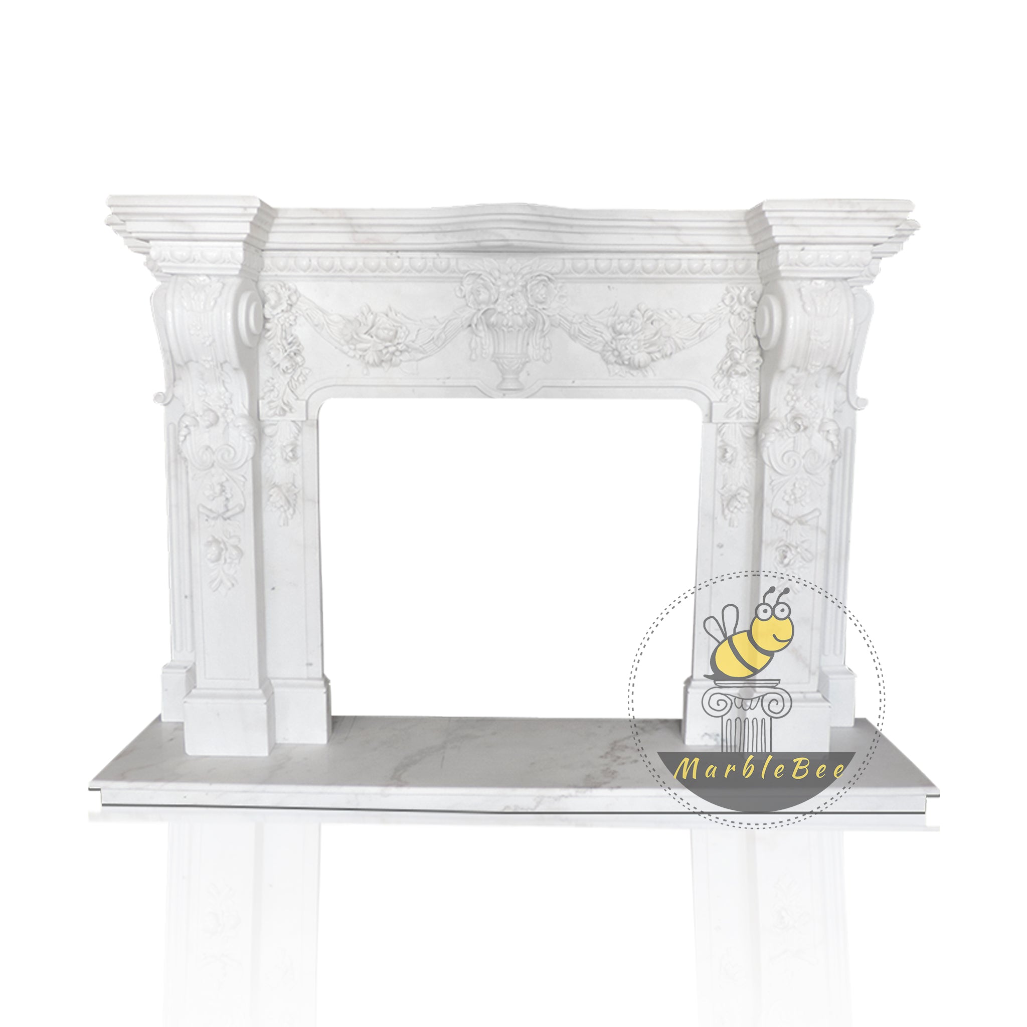 Large White Marble Fireplace Mantel with Floral Carving for Living Roo
