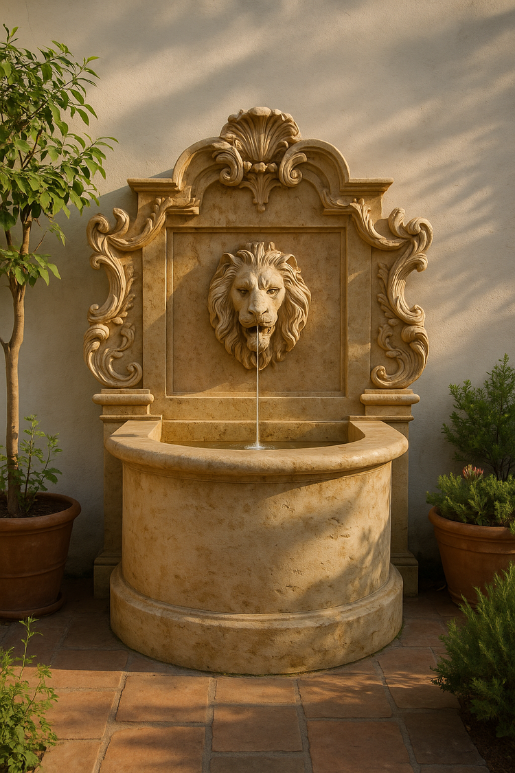 Backyard Stone Wall Fountain with Lion head and pool