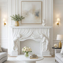 White Marble Fireplace Unique Hand Carved  with Two Female Figures Lifting Curtain