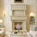 Fireplace Overmantel hand-carved from Beige Travertine with Column Decor 10 ft High