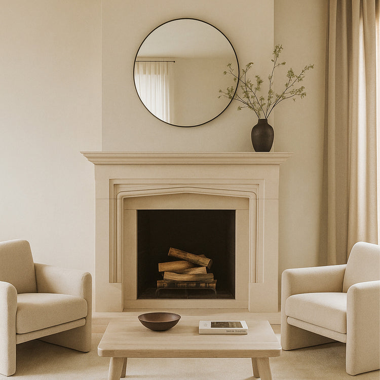 Beige Modern Limestone Fireplace by Marblebee