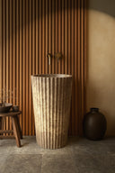 Fluted Marble Pedestal Sink Light Emperador (16.14" by 16.14" by 33.46")