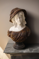 Elegant Marble Bust Sculpture of Charming woman in Hat