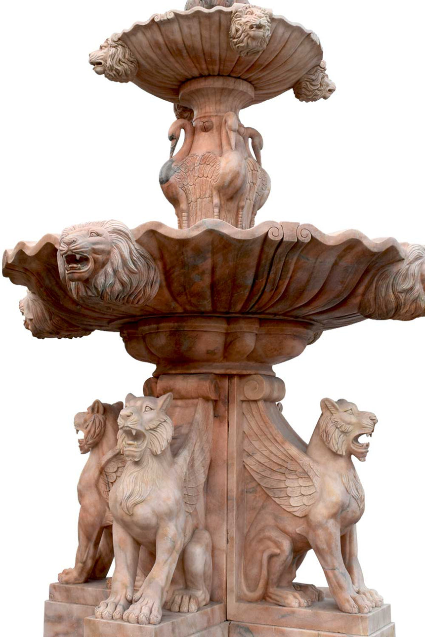 Flying Lion statues Marble Fountain, 3 tier stone fountain with lion head sprayers
