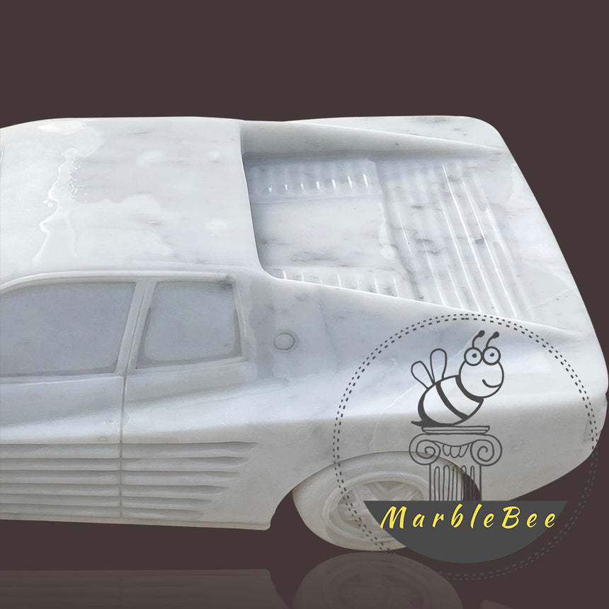 White Hand Carved Marble Car For Sale