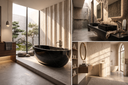 Custom Nero Marquina Black Marble Bathtub, Washbasin & Matching Stonework for New Jersey Project