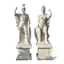 Stone garden ornaments of Roman warrior pair in white marble