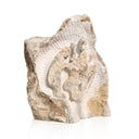 Abstract-style marble relief of Guanyin (or Buddha), carved in raw stone with antique grotto inspiration.