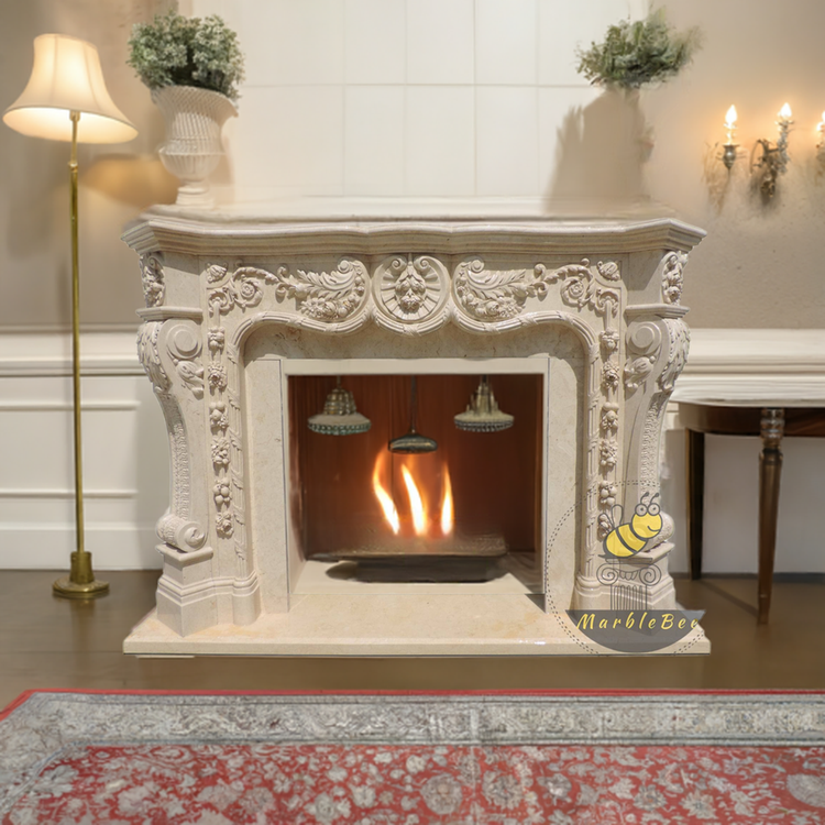 Beige Limestone Fireplace Mantel – French Style Surround with Hearth Stone