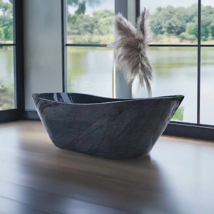 Black Marble Bathtub with White Veins and Headrest: Luxury First-Grade Experience