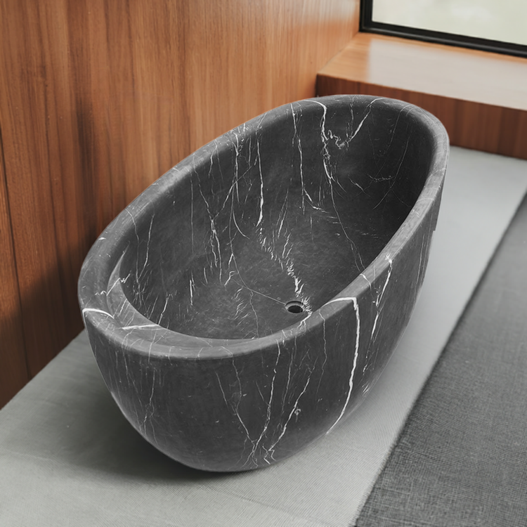 Black Marble Tub with Headrest and Cup Holder Perfect for Red Wine and Ultimate Relaxation