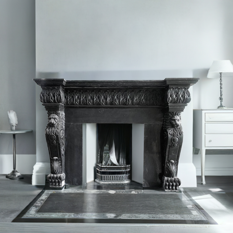 Black marble fireplace mantel Neoclassical style with lion statue