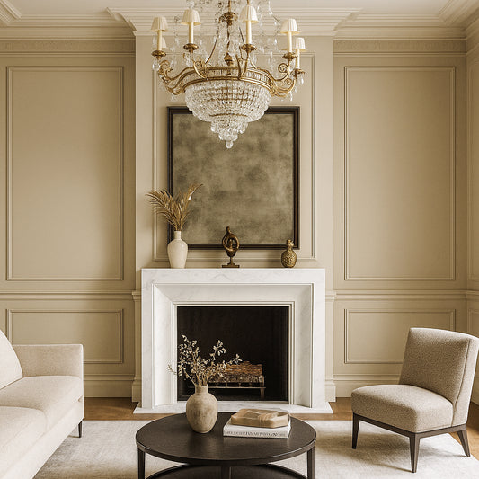 White stone fireplace Bolection