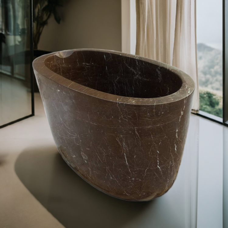 Deep japanese soaking tub with head rester Marblebee hand-carved from brown marble