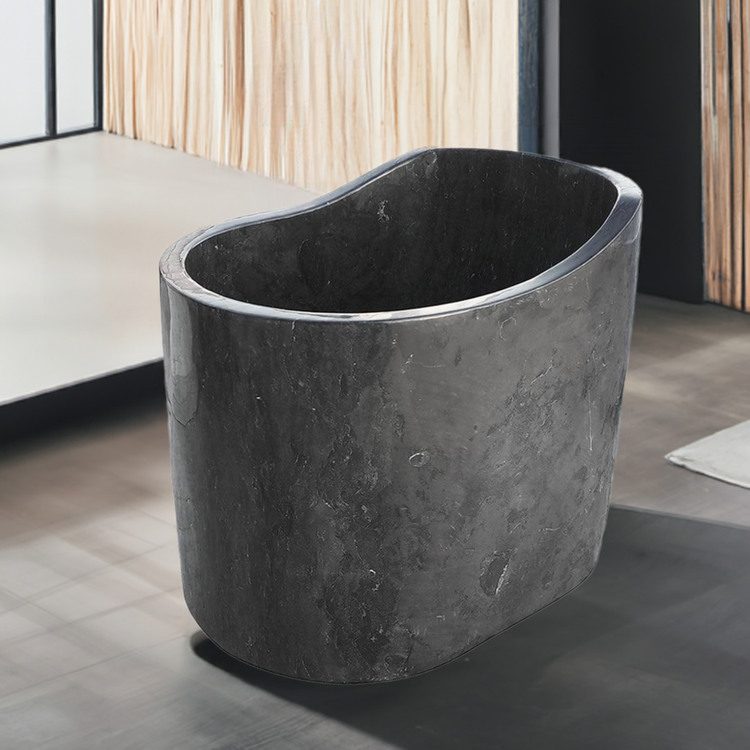 Japanese soaking tub hand-carved from One Piece black marble with built-in Seat