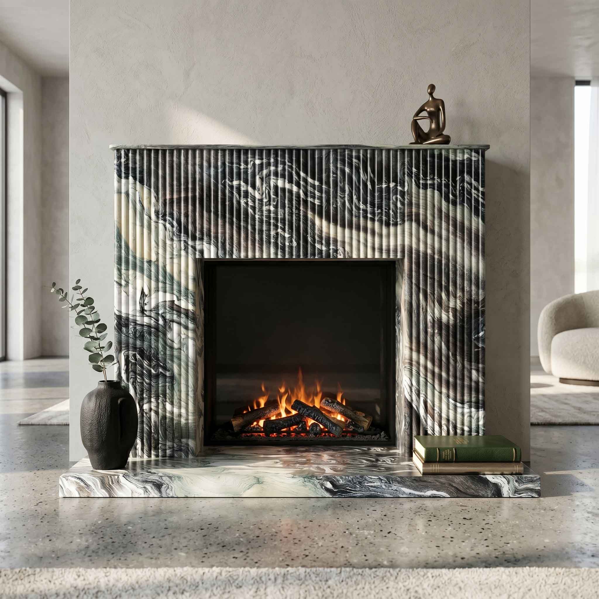 Cipollino Ondulato Marble Fireplace Surround | Modern Fluted
