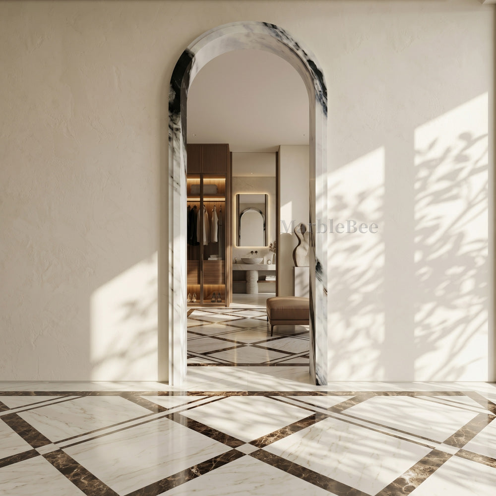 Smooth Tall Rocks Stone Casing in Panda Marble | Custom Elongated Arch โ Marblebee