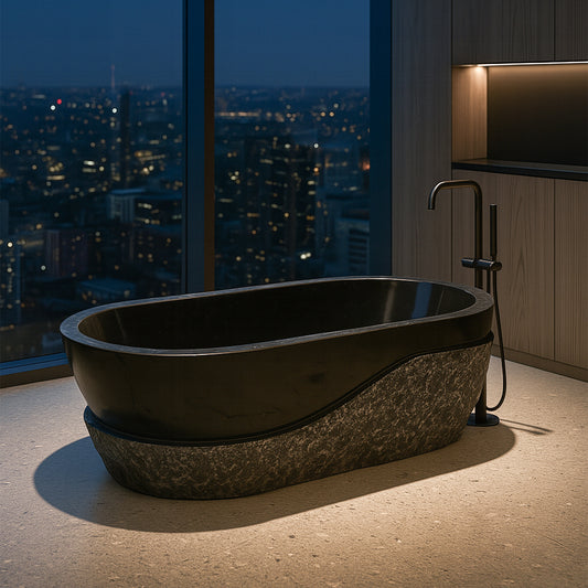 Black Limestone Tub, Half Chiseled, Half Polished