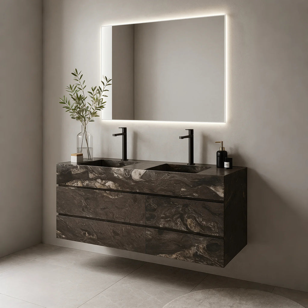 Floating Vanity with Marble Top Double Sink Custom Drawer