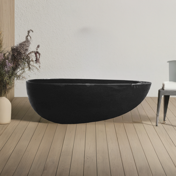 Large Stone Bathtub and Matching Black Marble Basins for Master Bathroom