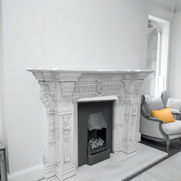 Large White Marble fireplace mantel Victorian Carved Design For Sale