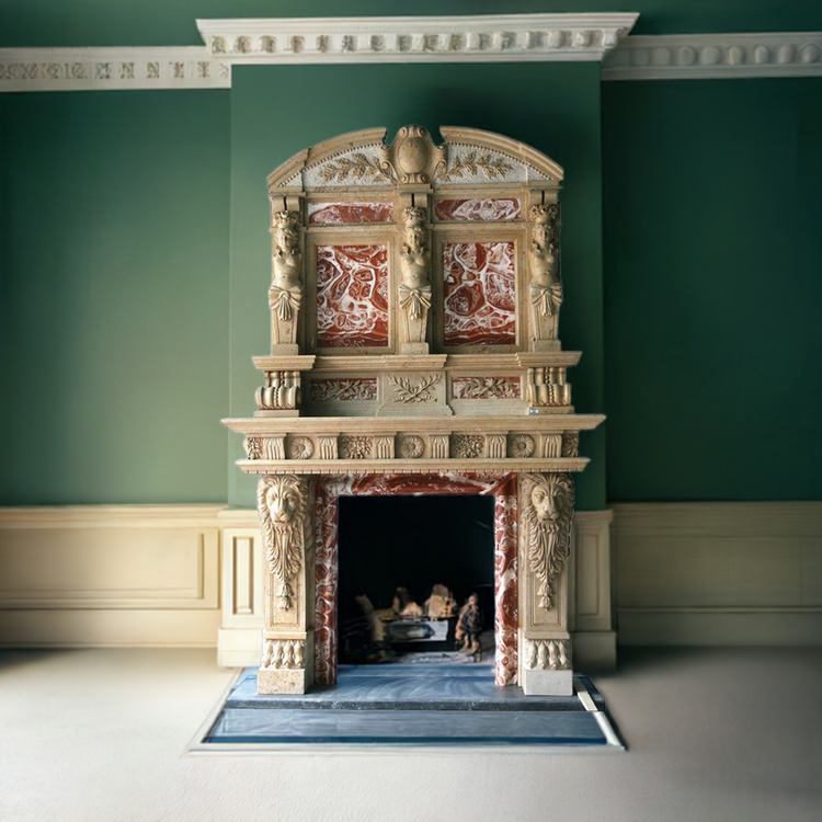 Marble Fireplace Overmantel carved with cherub figure and lion head