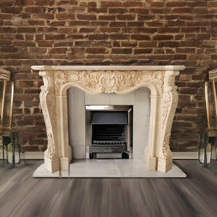 Marble fireplace mantel French Style with Shell Carving at Center of Header, On Sale Now