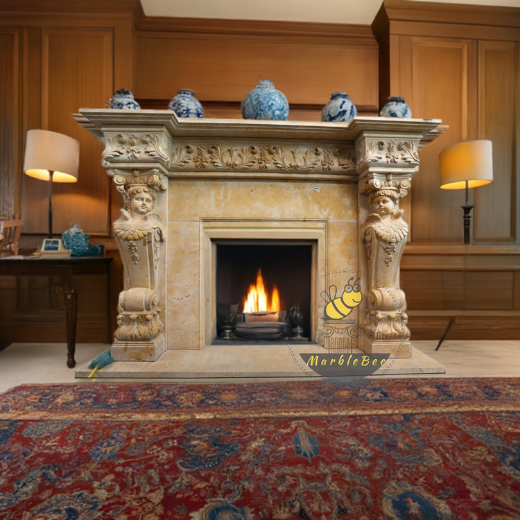 Marble fireplace mantel with sculptures