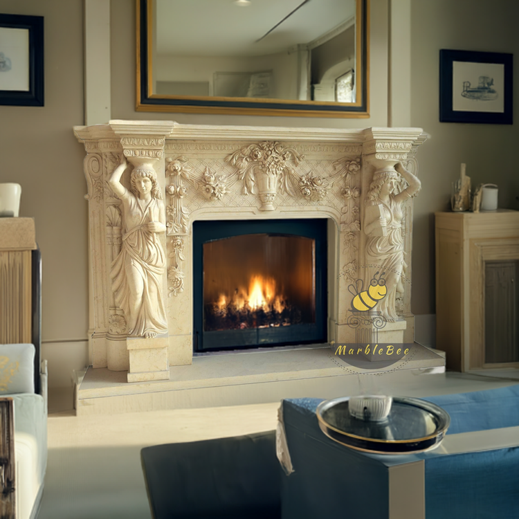 Marble fireplaces in Egyptian Beige Marble with Figurative Sculptures