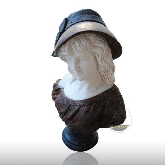 Elegant Marble Bust Sculpture of Charming woman in Hat