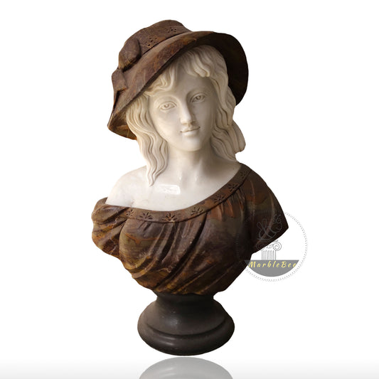 Elegant Marble Bust Sculpture of Charming woman in Hat