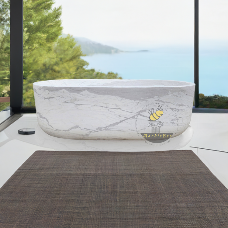 Marblebee Freestanding Stone Bathtub Hand-Carved from Volakas Marble