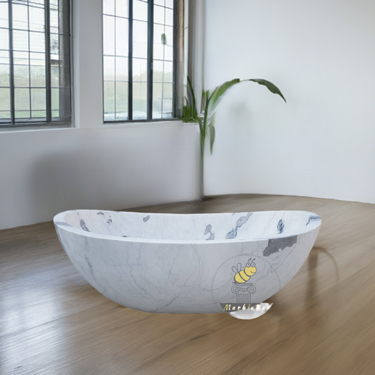 Marblebee Solid Stone Tub – Hand-Carved from White Marble, In Stock