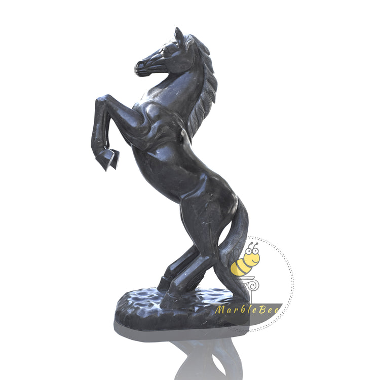 Outdoor Life size rearing horse statue made of dark marble