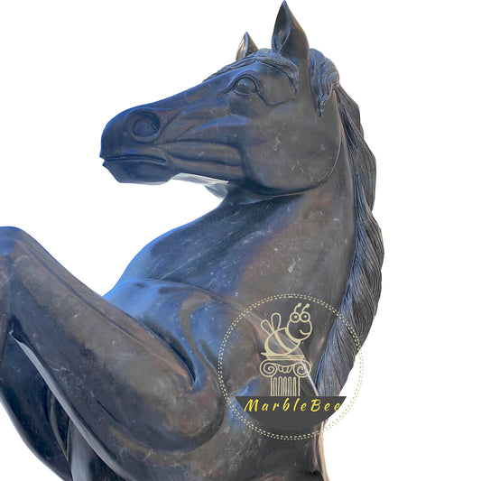 Outdoor Life size rearing horse statue made of dark marble