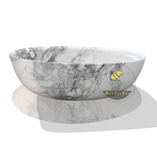 Artistic White Marble Soaking Tub with Blue Patterns