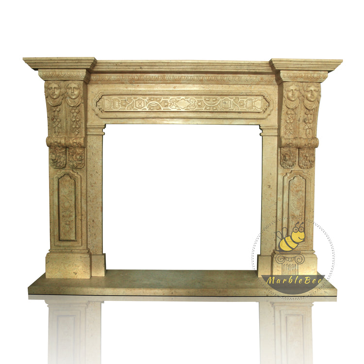 Beige Limestone Antique Carved Fireplace Mantel with Faces in Caryatids