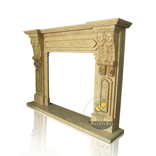 Beige Limestone Antique Carved Fireplace Mantel with Faces in Caryatids