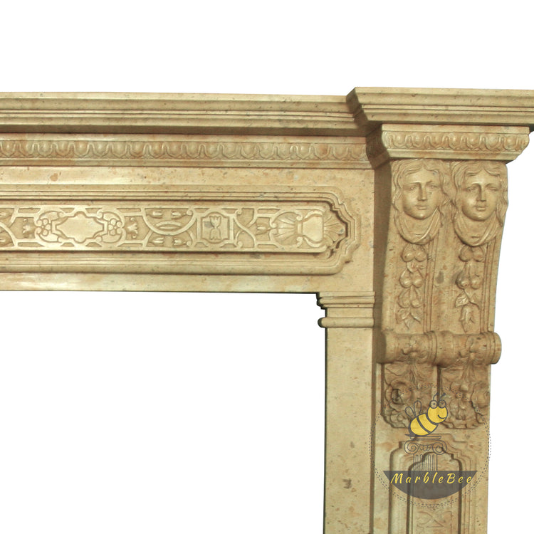 Beige Limestone Antique Carved Fireplace Mantel with Faces in Caryatids