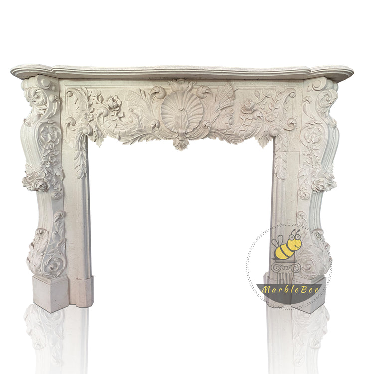 Hand Carved Creamy White Limestone Fireplace Mantel