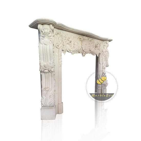 Hand Carved Creamy White Limestone Fireplace Mantel