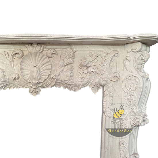 Hand Carved Creamy White Limestone Fireplace Mantel