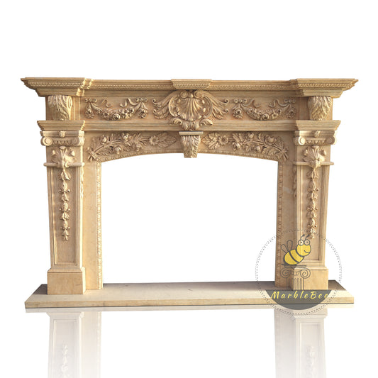 Ornate Egyptian Beige Marble Fireplace Mantel With Intricate leaves